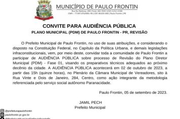CONVITE PARA AUDIÊNCIA PÚBLICA - PLANO MUNICIPAL (PDM) DE PAULO FRONTIN - PR, REVISÃO