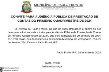 CONVITE PARA AUDIÊNCIA PUBLICA DE PRESTAÇÃO DE CONTAS DO PRIMEIRO QUADRIMESTRE DE 2024