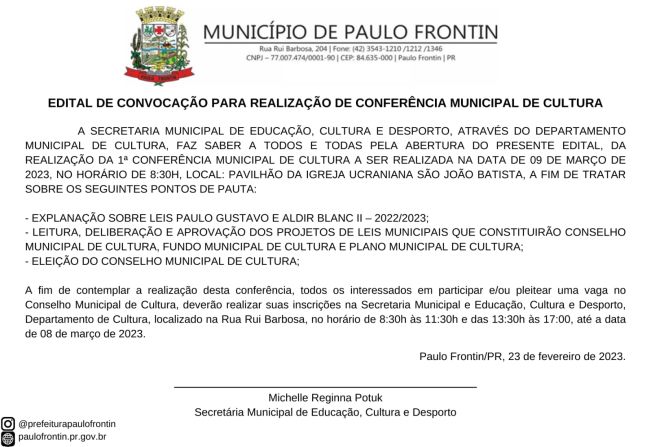 EDITAL DE CONVOCAÇÃO PARA REALIZAÇÃO DE CONFERÊNCIA MUNICIPAL DE CULTURA