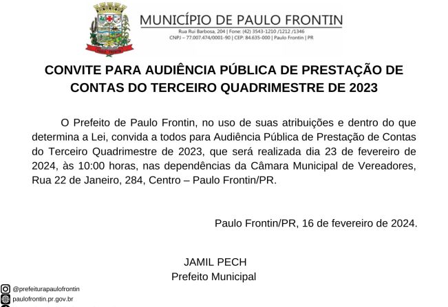 CONVITE PARA AUDIÊNCIA PÚBLICA DE PRESTAÇÃO DE CONTAS DO TERCEIRO QUADRIMESTRE DE 2023