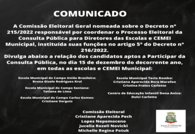 COMUNICADO: Relação dos candidatos aptos a Participar da Consulta Pública, no dia 15 de dezembro do decorrente ano, em todas as escolas e CEMEI Municipal.
