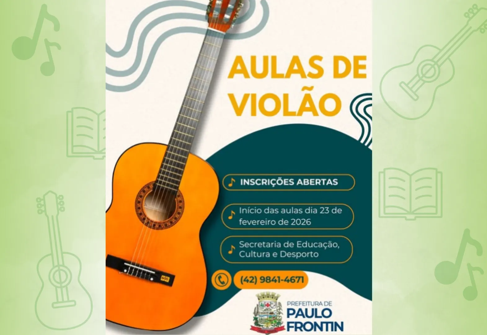 A Prefeitura Municipal informa que, na segunda-feira, dia 23 de fevereiro, retornam as aulas de violão, iniciativa que tem como objetivo promover o acesso à cultura e à música para a comunidade.