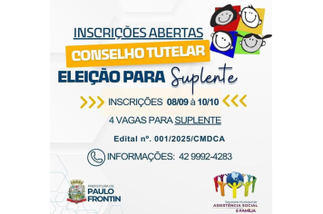 Estão abertas as inscrições para a eleição de suplente do Conselho Tutelar.